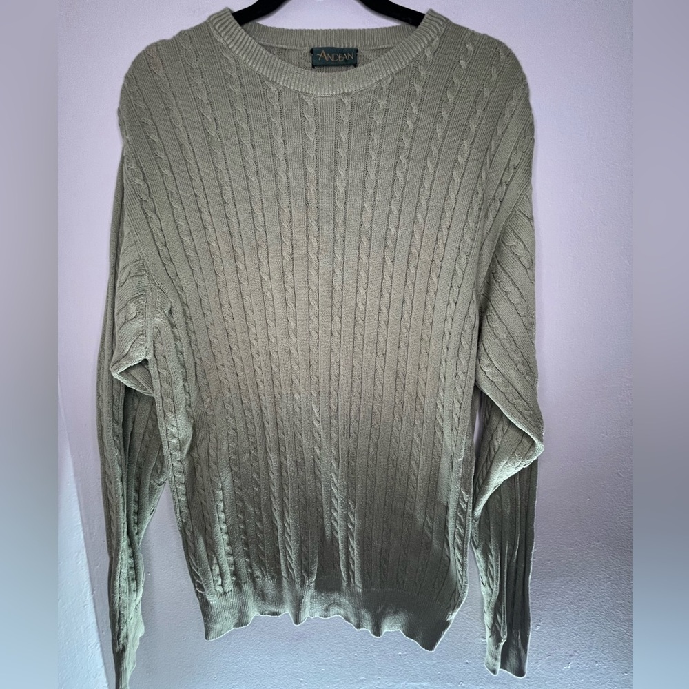 Andean Men’s Green Cable Knit Sweater 100% Pima Cotton Size Medium